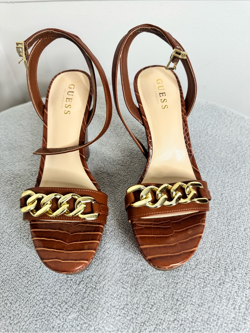 GUESS Brown Croc-Embossed Heeled Sandals with Gold Chain